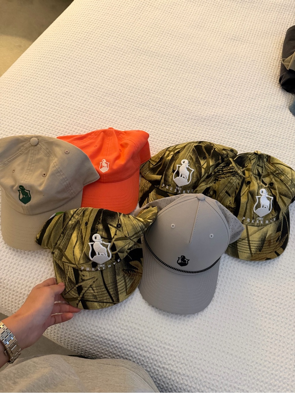 🗽6 NEW The Preserve Baseball Caps - Camo, Orange, Tan, Gray